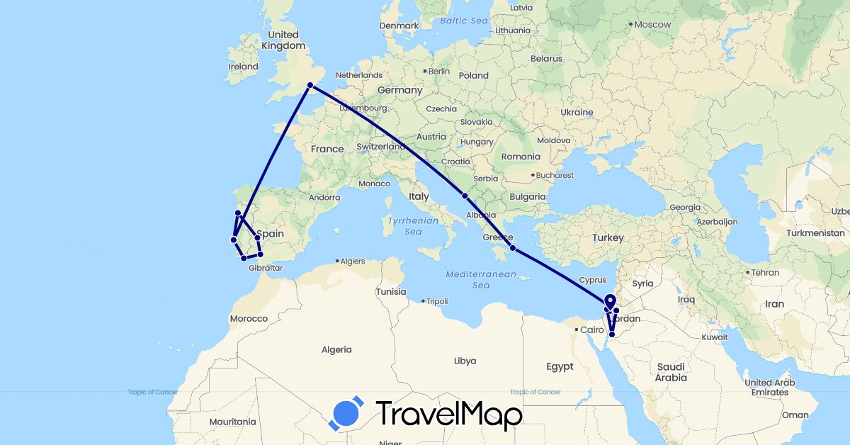 TravelMap itinerary: driving in Spain, United Kingdom, Greece, Croatia, Israel, Jordan, Portugal (Asia, Europe)